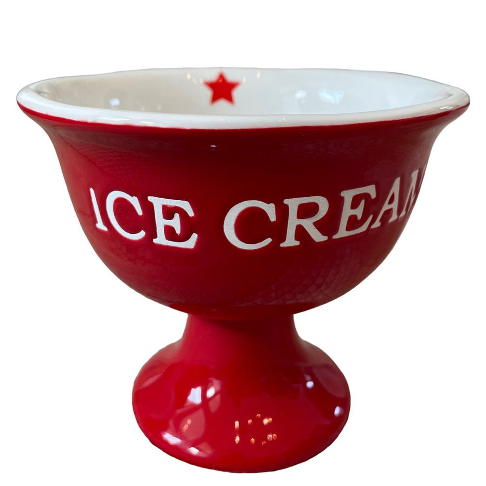 Terramoto Patriotic Footed Ice Cream Bowls Ceramic Red & White Set of 4 NEW
